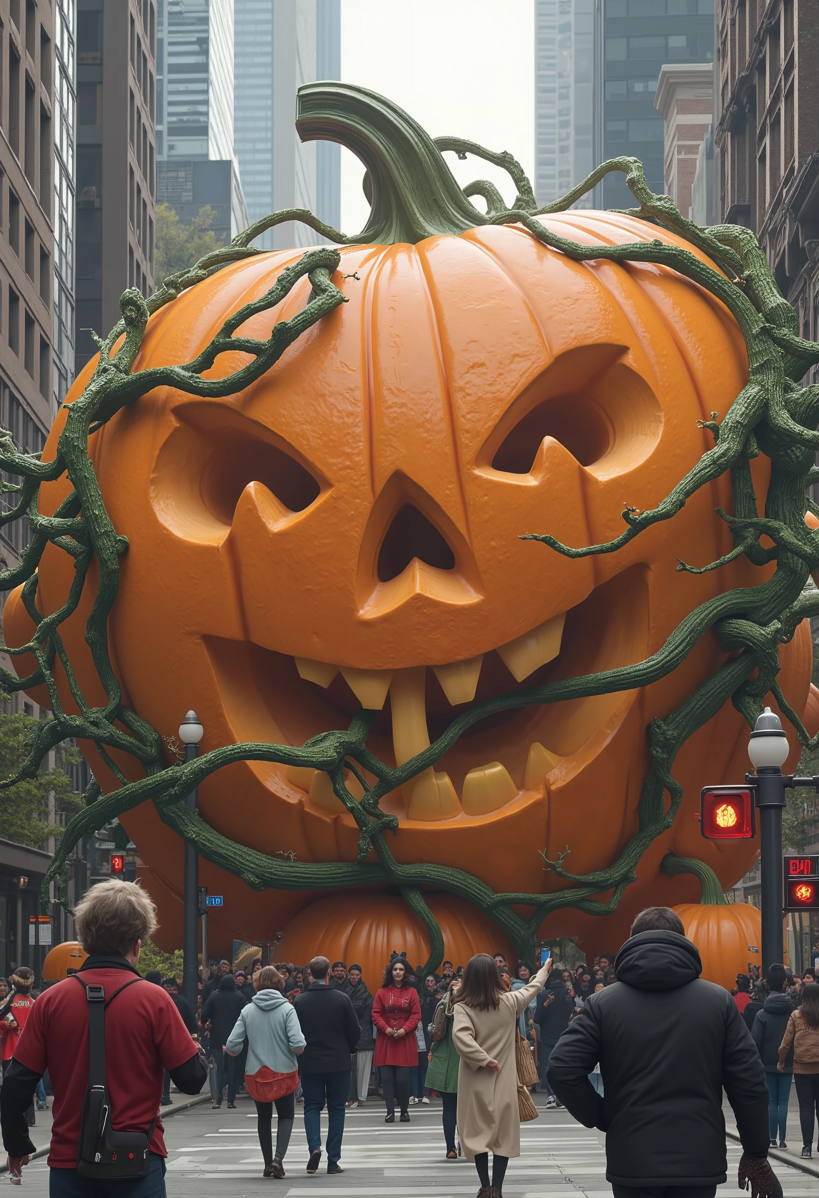 masterpiece, best quality, ultra-detailed, hyper-realistic, A bustling city is being overrun by enormous, growing pumpkins. The giant pumpkins burst through streets and buildings, their vines wrapping around skyscrapers and traffic lights. Pedestrians in Halloween costumes stare up in awe, some trying to take selfies while others run from the slow-moving, but unstoppable, gourds. The pumpkins are hyper-realistically detailed, with rough, textured skin and creeping vines that twist through the cityscape. The contrast between the city’s modern architecture and the organic chaos of the massive pumpkins creates a humorous yet visually striking Halloween scene.