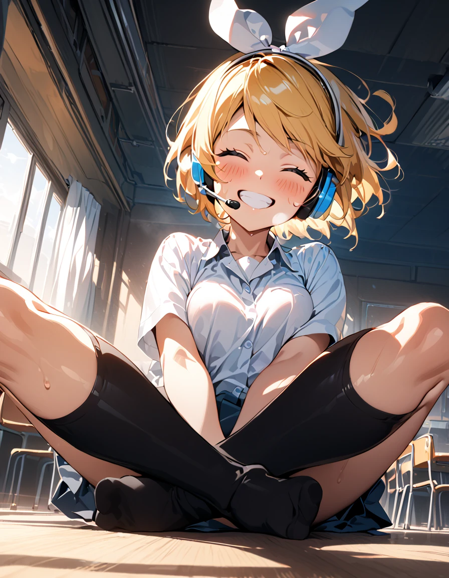 school uniform, (blushing), (Black thigh-high socks),(((indian style))), middle breasts ,(masterpiece),( best quality ),(Super detailed),(  Best Illustration),( best shadows ),(Absurd),(Detailed face),(  very aesthetic), 1 girl , excited , watching viewers,Heavy breathing, Shiny Skin ,sweat,,classroom,sitting,Daytime,happy,(good smile),cclosed eyes,Teeth are visible,(head tilt),arms between legs,grin,white teeth,full body,(looking down), (from below), rin kagamine, blonde hair, blue eyes, hair bow, headset, short hair, headphones,