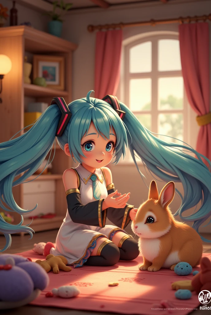 (masterpiece、Best Quality、Best Quality、Official Art、Beautiful and beautiful:1.2)、(One person:1.3) Hatsune Miku、 twin tails,Beautiful breasts, A cute cute rabbit is waving and smiling to greet me, Unreal Engine, Cozy interior lighting, Detailed digital painting, membrane, Character design by Mark Redden 、Pixar、Hayao Miyazaki, Unreal 5, Daz,  surrealism ,  Octane Rendering , 3DMDT1  