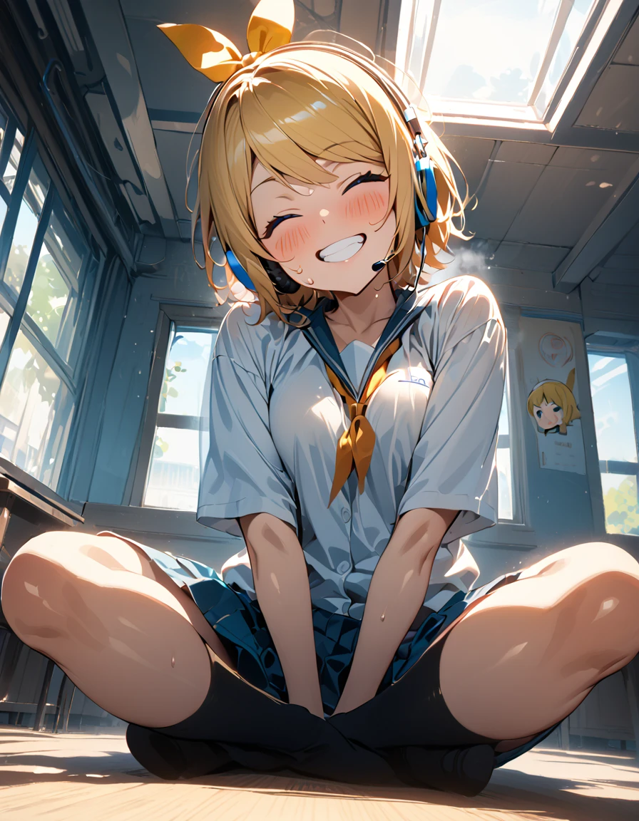 school uniform, (blushing), (Black thigh-high socks),(((indian style))), middle breasts ,(masterpiece),( best quality ),(Super detailed),(  Best Illustration),( best shadows ),(Absurd),(Detailed face),(  very aesthetic), 1 girl , excited , watching viewers,Heavy breathing, Shiny Skin ,sweat,,classroom,sitting,Daytime,sunlight,happy,(good smile),cclosed eyes,Teeth are visible,(head tilt),arms between legs,grin,white teeth,full body,(looking down), (from below), rin kagamine, blonde hair, blue eyes, hair bow, headset, short hair, headphones, 