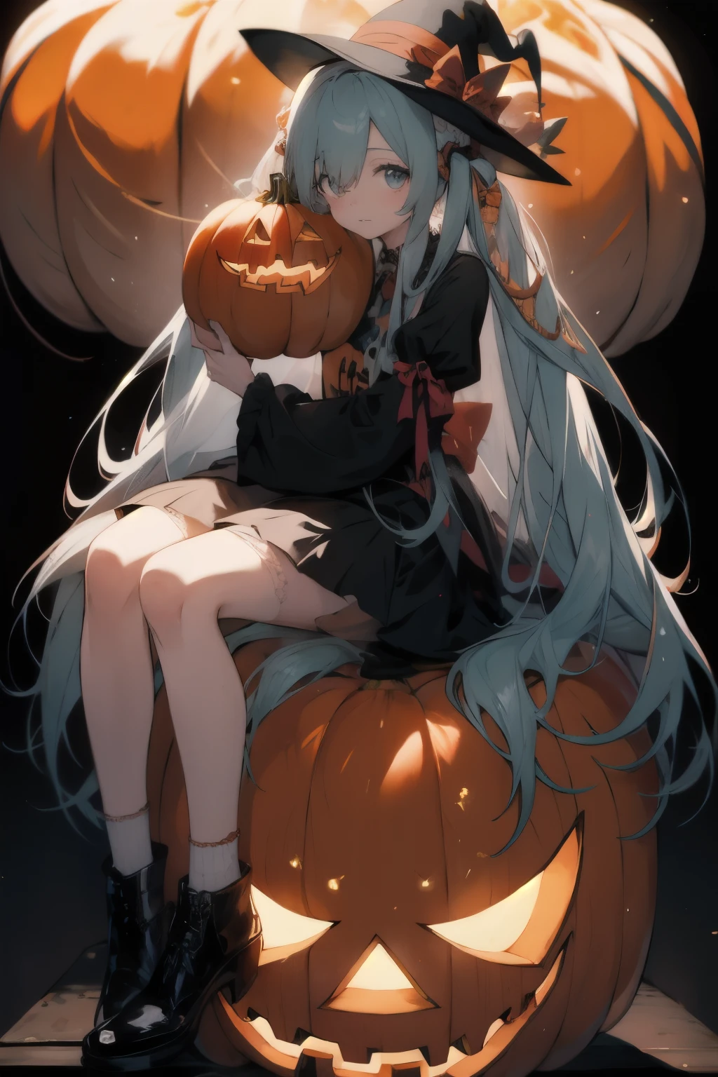 masterpiece,  best quality, high quality, 4K, 1 Girl, Halloween Costumes,one,Glowing pumpkins ,Long hair, Witch Hat ，Hatsune Miku，Holding a pumpkin