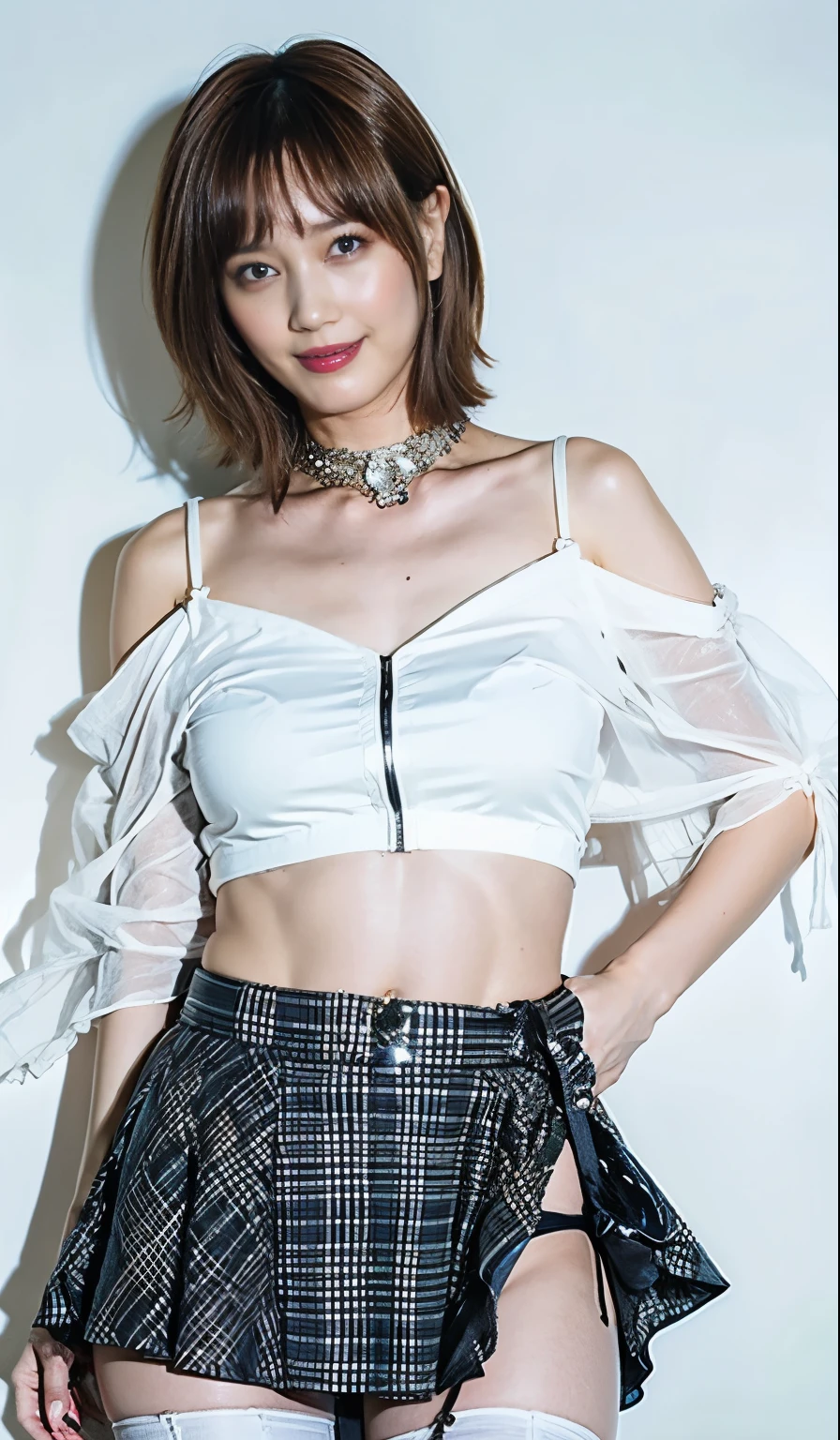 ， white short shirt shawl (belly button)， mini plaid skirt with sleeves over wrists(2cm)， white garter stockings，butterfly decoration on chest ，Big Breasts