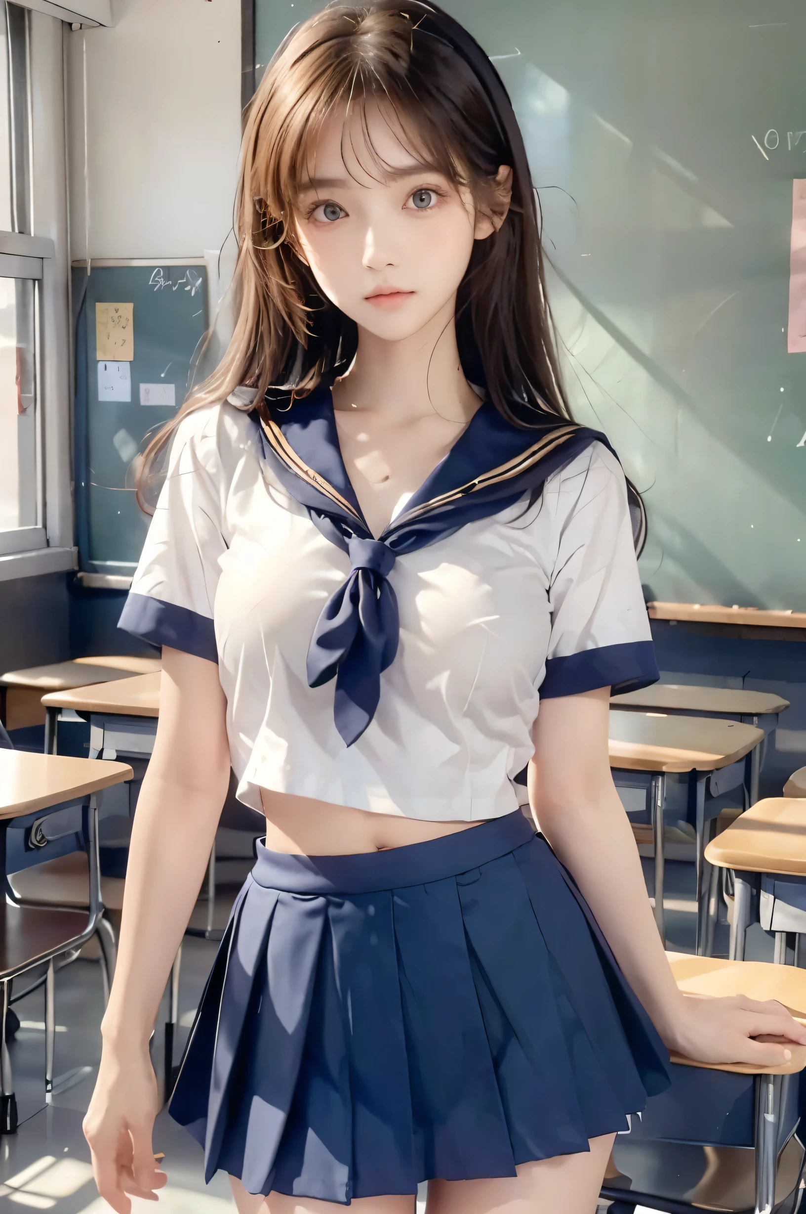 ( super high image quality ), ( looking over here), (Short-sleeved sailor uniform,  Navy Blue Miniskirt ), Big Breasts, Super beautiful breasts, Slender, (Thin legs:1.2), (Thin thighs:1.2), (Thin Hips:1.4), (Beautiful Skin,  Shiny Skin ,  white skin), (Super slim face, Super beautiful face, No makeup, Smile:0.6), (Light Brown Hair,  semi-long, Layered Cut, Fluffy hair), (Big eyes:1.3, High corners of the eyes:1.6, double eyelid), (Thin eyebrows:0.1), (Small Nose:0.6), (Thin lips:0.6), Beautiful Hands, Empty-handed,  standing , School classroom