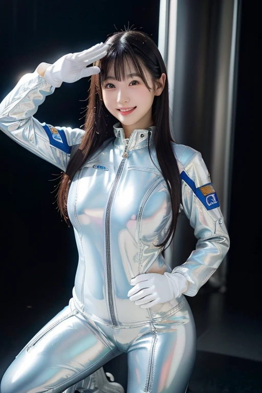  outer space 、Space Suit、Plump beauty、 Open the front zipper in half、Shiny Material 、Masterpiece、High definition high image quality 、 photo-like realism 、4K resolution、Inside the spaceship、ピチピチなSpace Suit、latex、White Gloves、boots、smile、Stand and salute、SF