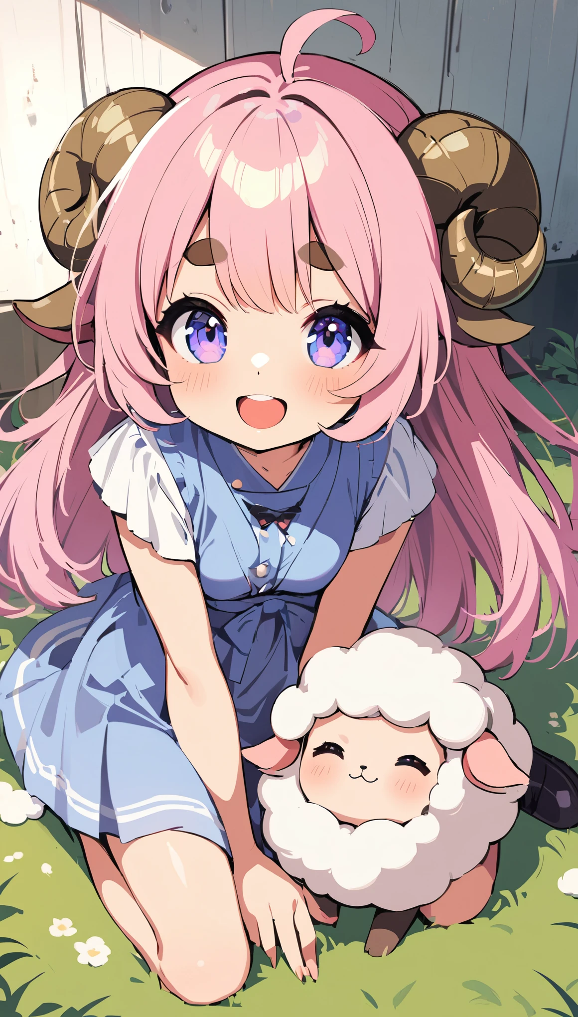 (masterpiece: 1.2), ( very detailed : 1.2), ( very detailed  CG: 1.2), ( high quality: 1.2), (最 high quality), 8k,  anime illustration , sheep girl with pink hair、 thick eyebrows、Super smile、Fluffy sheep 、cute,Strike a Pose、Light effects