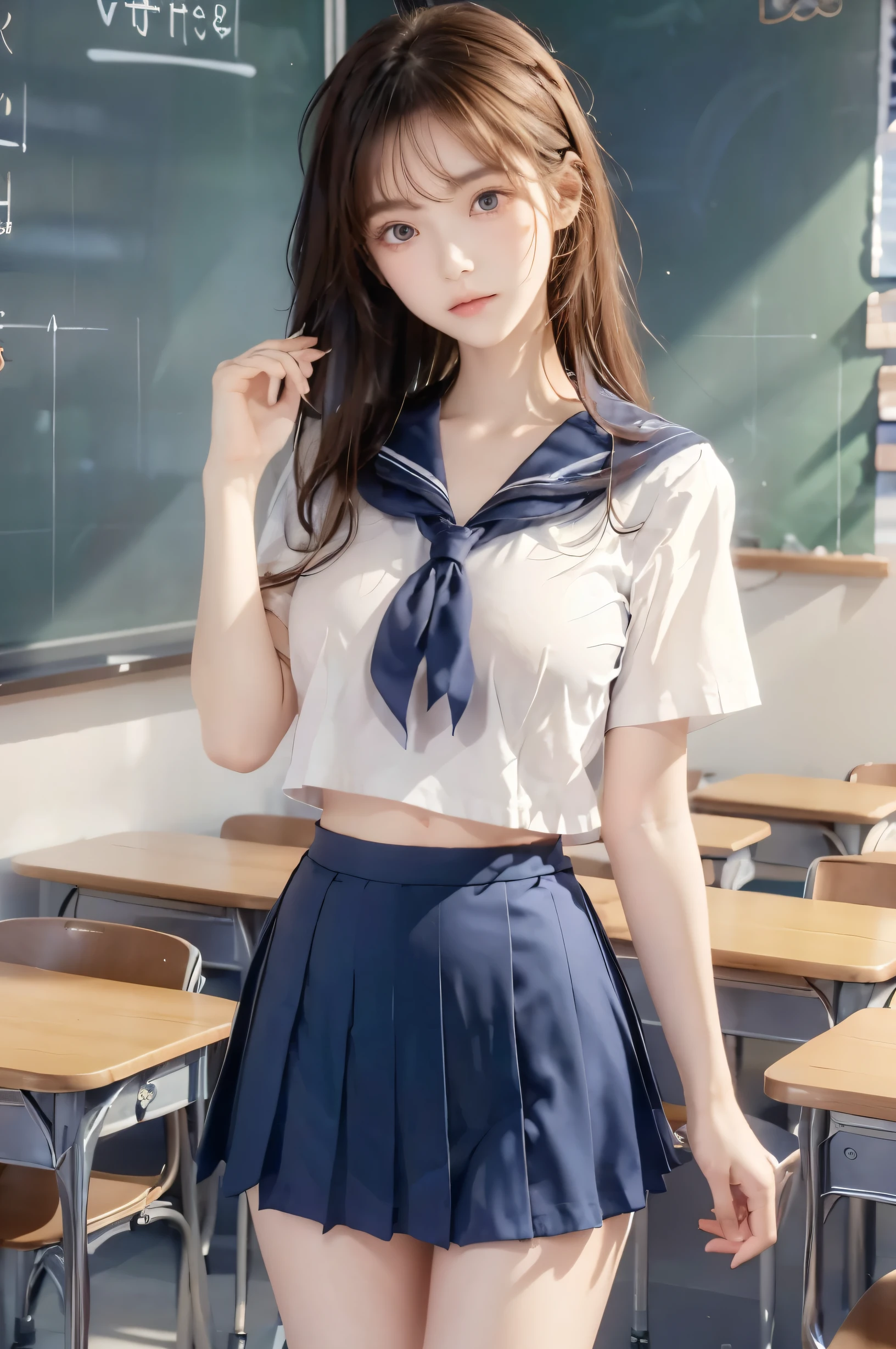 ( super high image quality ), ( looking over here), (Short-sleeved sailor uniform,  Navy Blue Miniskirt ), Big Breasts, Super beautiful breasts, Slender, (Thin legs:1.2), (Thin thighs:1.2), (Thin Hips:1.4), (Beautiful Skin,  Shiny Skin ,  white skin), (Super slim face, Super beautiful face, No makeup, Smile:0.6), (Light Brown Hair,  semi-long, Layered Cut,  message window ), (Big eyes:1.3, High corners of the eyes:1.6, double eyelid), (Thin eyebrows:0.1), (Small Nose:0.6), (Thin lips:0.6), Beautiful Hands, Empty-handed,  standing , School classroom