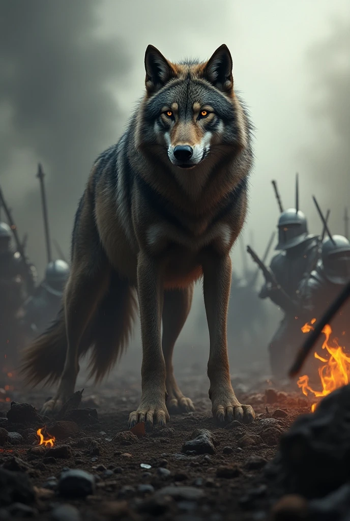 Dramatic moment A brave WOLF covered in scars, set in a medieval war scene 