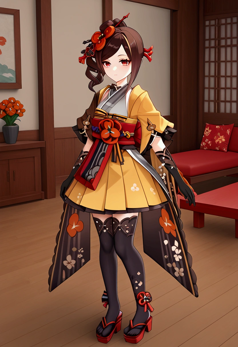 chiori, brown hair, hair ornament, red eyes, flower, hair flower, gloves, japanese clothes, sash, obi, stand, Confident pose, Room, full body