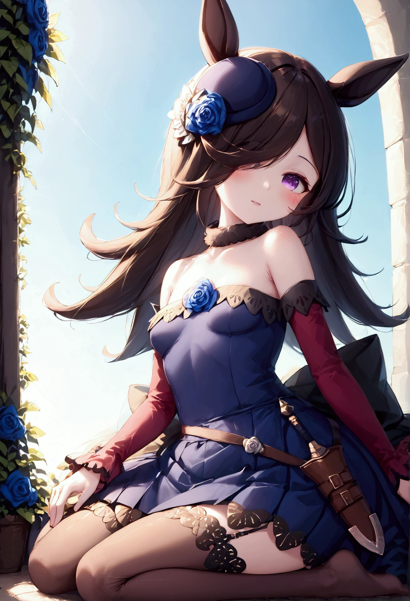 High image quality、masterpiece、high quality、  Kampala 、 clear、Full HD、4K、Horse Girl、Rice Shower(blue dress with exposed shoulders、Small breasts、Black Hair、Blue rose hair accessory、Purple Eyes、 blue arm cover 、 Black Garter Belt 、Black tights、Black horse ears)、 Lifting Skirt with Both Hands 、Standing in the garden、Surrounded by blue roses