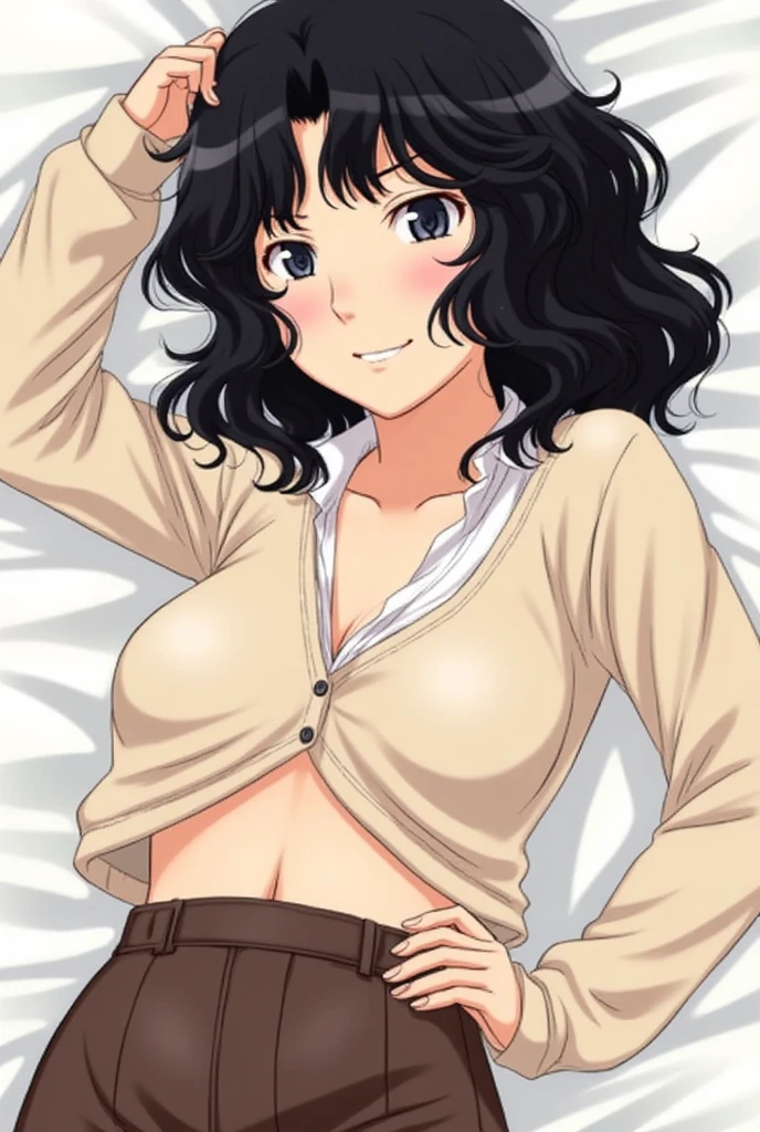 Kaoru Tanamachi(1:2),  super detailed face,  pay attention to the details with the hem of the clothes,  anatomically correct body ( beige knitwear style uniform:1.3), (Dark Brown Skirt:1.1), Provoke by showing your stomach(1:2), NSFW