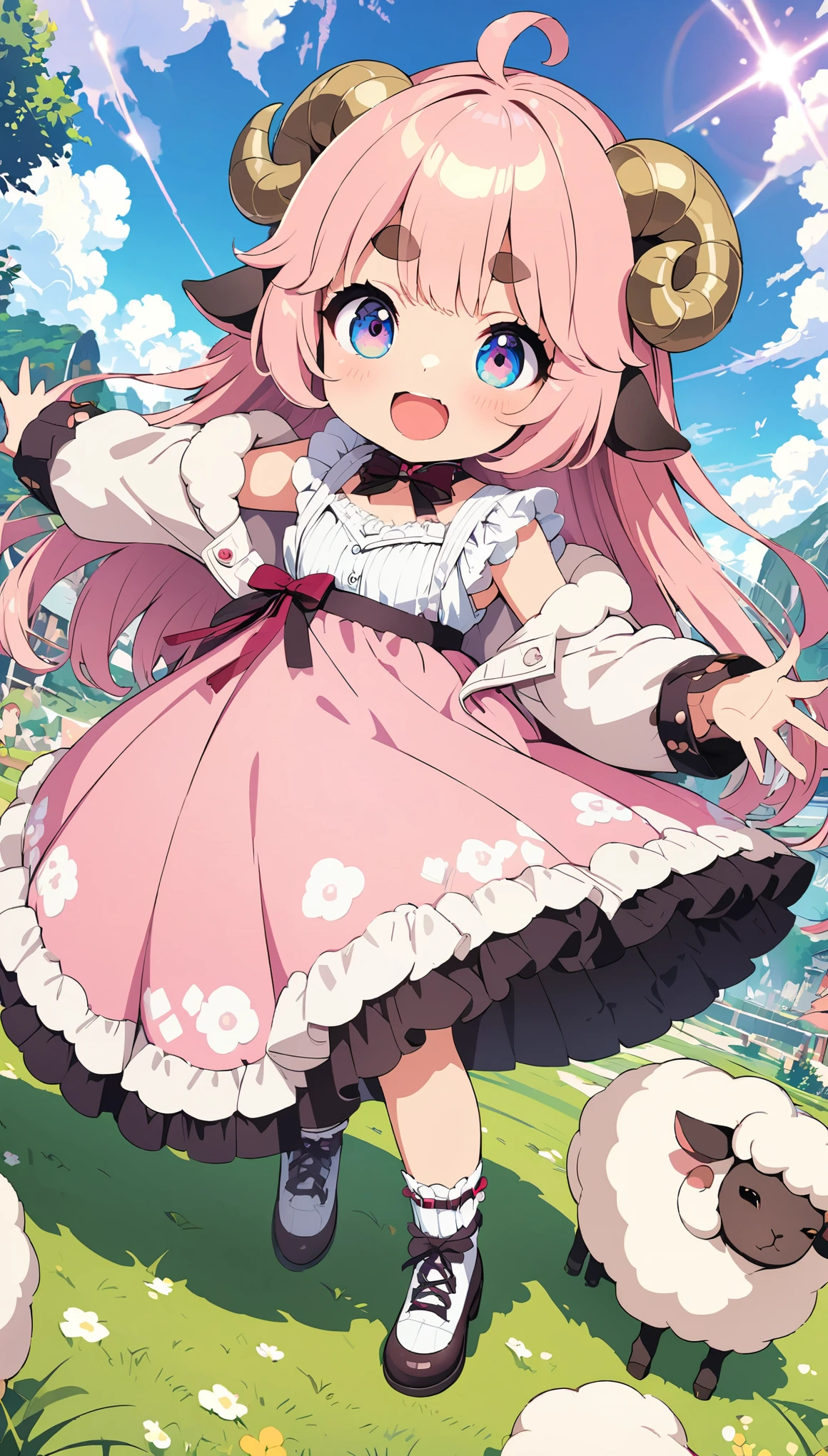 (masterpiece: 1.2), ( very detailed : 1.2), ( very detailed  CG: 1.2), ( high quality: 1.2), (最 high quality), 8k,  anime illustration , sheep girl with pink hair、 thick eyebrows、Super smile、Fluffy sheep 、cute,Strike a Pose、Light effects