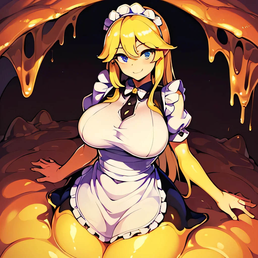 ((masterpiece,best quality,ultra-delicate,Perfect Face,detailed eyes,16k,high resolution,very beautiful girl)),((golden slime girl ,melting body:1.5,)),melting golden long hair,(1 girl),large breasts,(short Maid dress,smile:1.4),golden muddy caves,standing,,from above