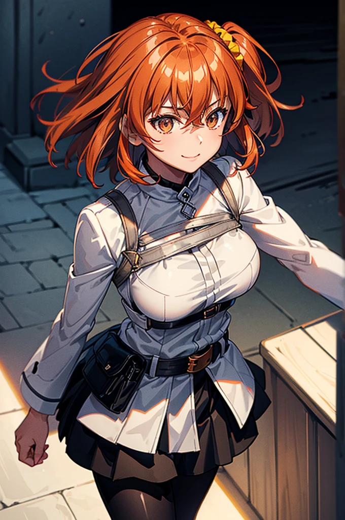 (Masterpiece, Ultra-high resolution, 8k, High Quality, Top quality, High-Detailed, Detailed CG, Cinematic Shadow:0.5, Beautiful Detailed Eyes, Ultra Resolution, Depth of Field, High Resolution, Masterpiece: 1.2), (Anime Art style), (cowboy shot), (rooftop), 1girl, solo, aaritsuka, short hair, ahoge, hair scrunchie, orange scrunchie, white jacket, harness, long sleeves, belt, black skirt, miniskirt, black pantyhose, beautiful breasts, smile, walking,