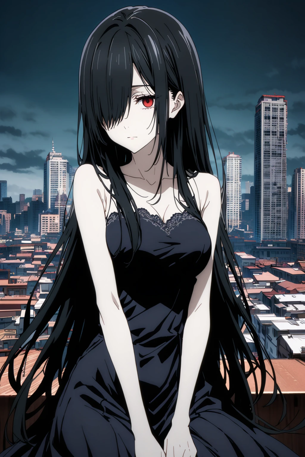 front view, cowboy shot, sitting on top of building, 1girl, solo, small smile, shy, cute, red eyes, empty eyes, expressionless eyes, ((black hair)), very long hair, straight hair, ((hair over right eye, swept bangs:1.5)), petite, ((large breasts)), pale skin, slender, curvy, (long black dress), (detailed beautiful face and eyes), absurdres, highres, ultra detailed, HDR, anime screencap, official art, jujutsu kaisen style, night view, city background, (moody lighting), (masterpiece, 8k, best quality:1.3), (SuperQuality:1.0) ~ (SuperQuality:1.2)