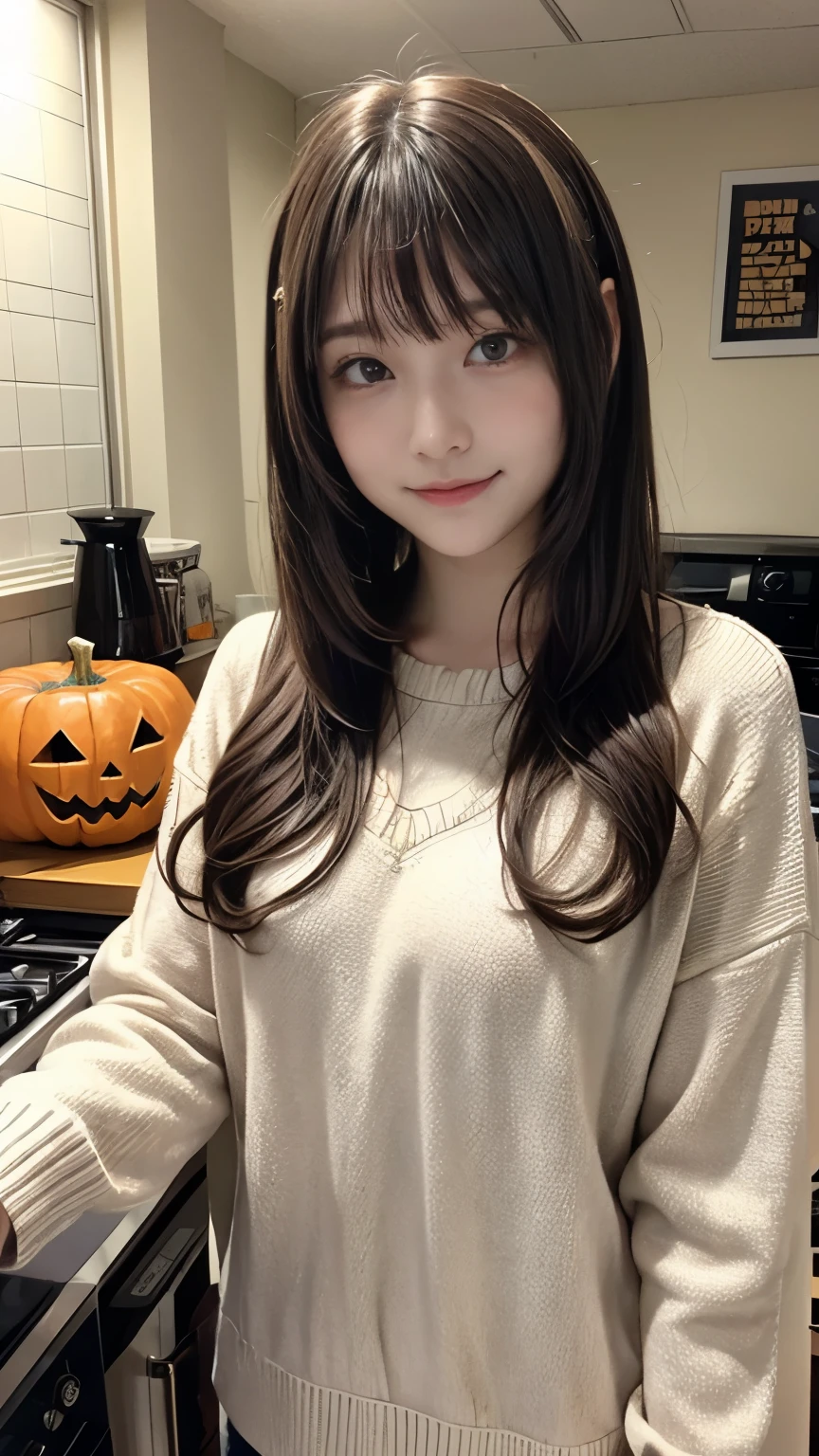 A room decorated for Halloween、halloween sweater, Cute Sweater、state of the art coffee maker、 cute high school girl