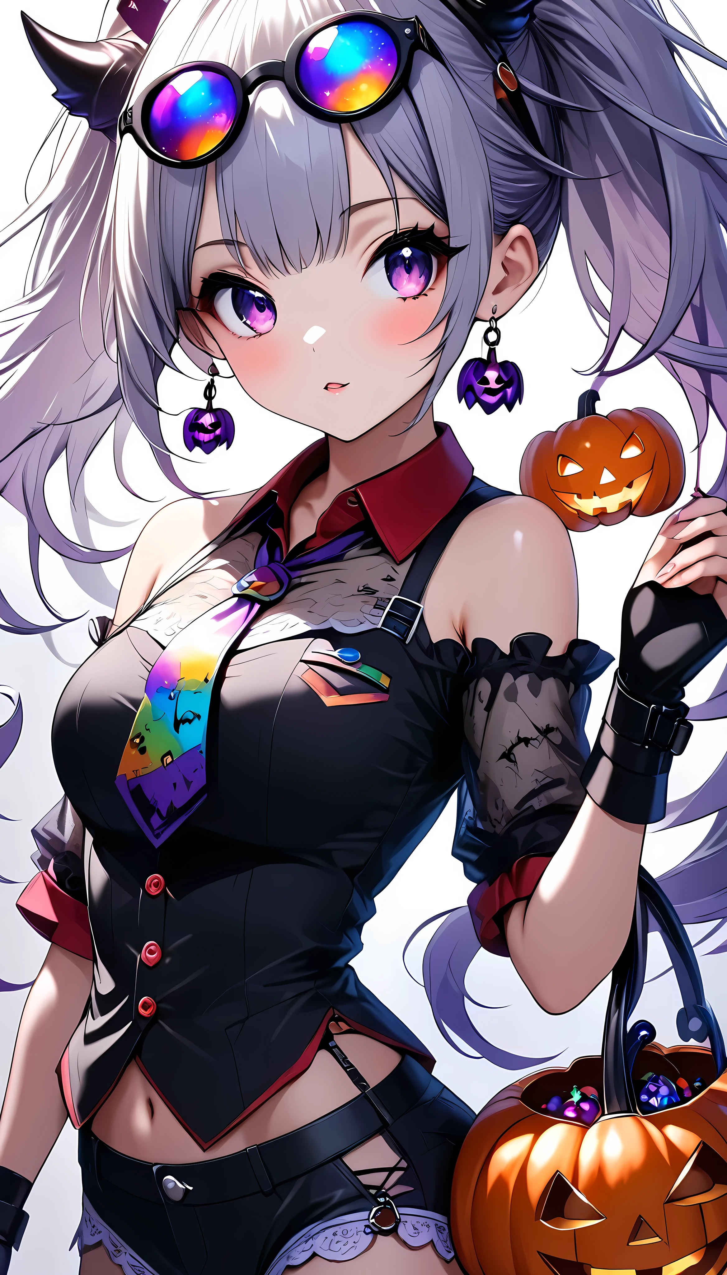 (masterpiece,   best quality :1.2),   1 girl, Alone, \ character "  atlus"\,    and a Halloween Little Devil   ,  Follow Halloween ghosts  , Add a cute charm  ,   jack o lantern ,    transparent purple overlay  , Rough,  Intricate Character Designs, left 