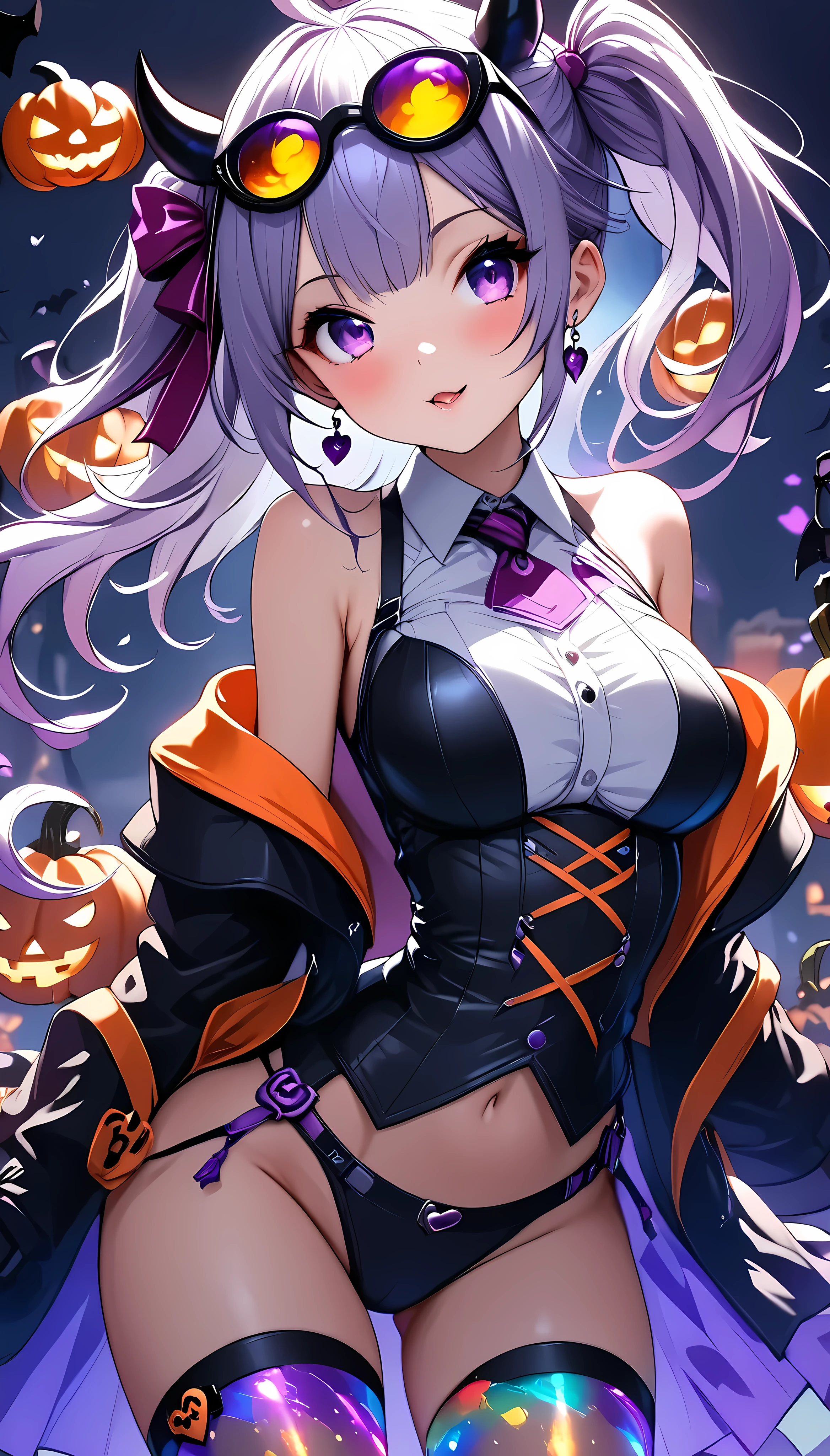 (masterpiece,  best quality :1.2),  1 girl , Alone, \ characters " atlus"\,  Halloween little devil ,  follows a Halloween ghost , Cute sex appeal ,  Jack-o-lantern adds color ,  transparent purple overlay , ROUGH, intricate character design, 