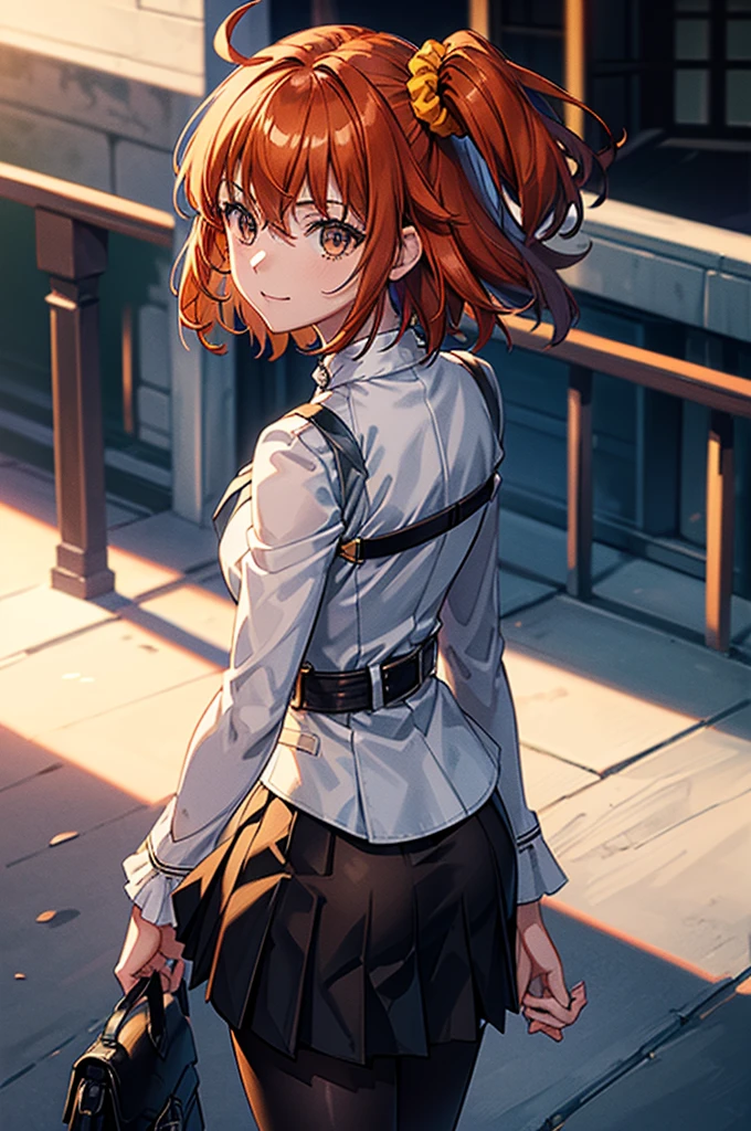 (Masterpiece, Ultra-high resolution, 8k, High Quality, Top quality, High-Detailed, Detailed CG, Cinematic Shadow:0.5, Beautiful Detailed Eyes, Ultra Resolution, Depth of Field, High Resolution, Masterpiece: 1.2), (Anime Art style), (upper body), (rooftop), 1girl, solo, aaritsuka, short hair, ahoge, hair scrunchie, orange scrunchie, white jacket, harness, long sleeves, belt, black skirt, miniskirt, black pantyhose, beautiful breasts, happy, smile, looking back, from behind,