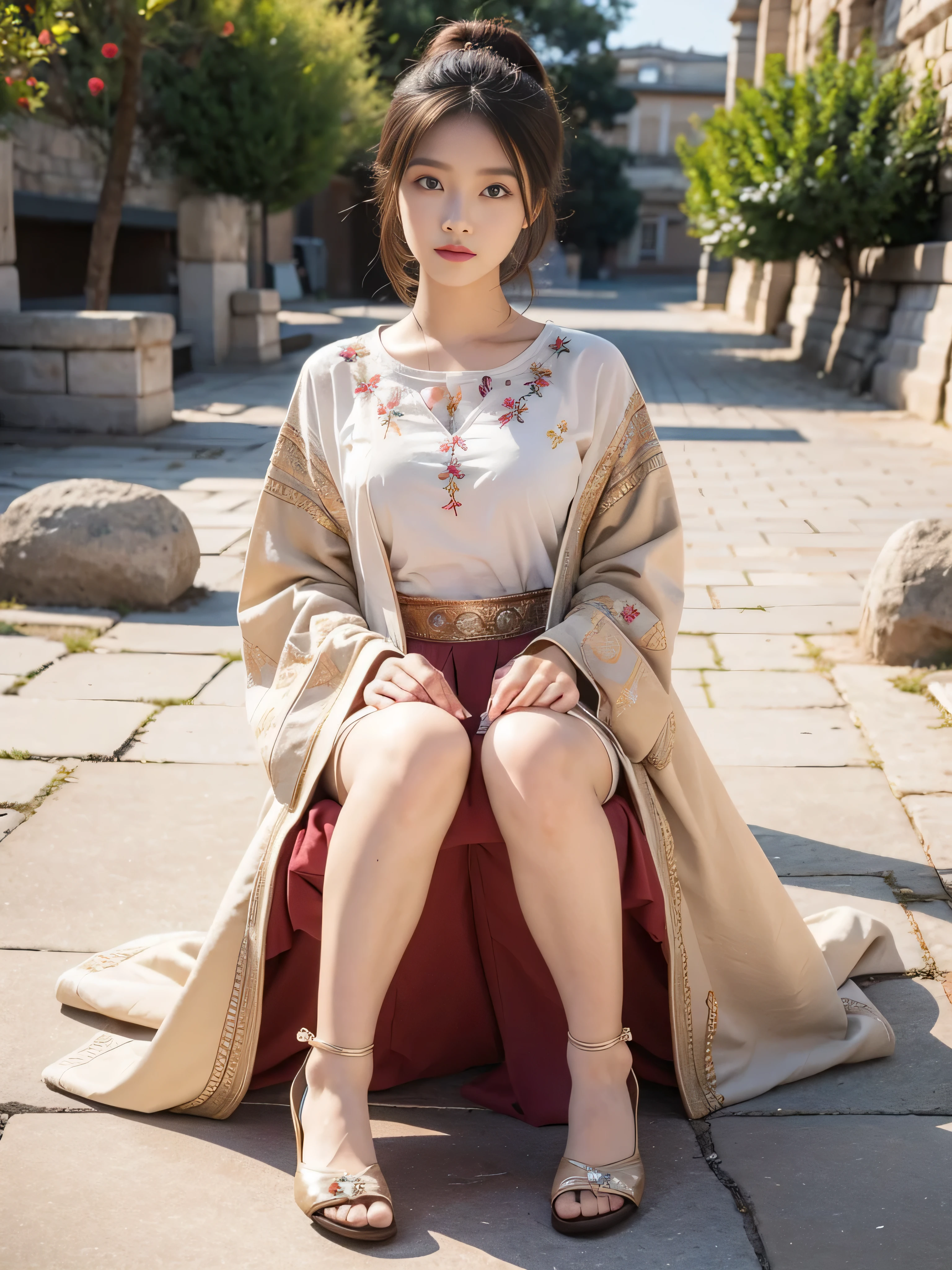 sits alone on the ground,A beautiful young girl in embroidered women's shoes , perfect figure ,Ancient women's shoes,Off-shoulder,Show your arms