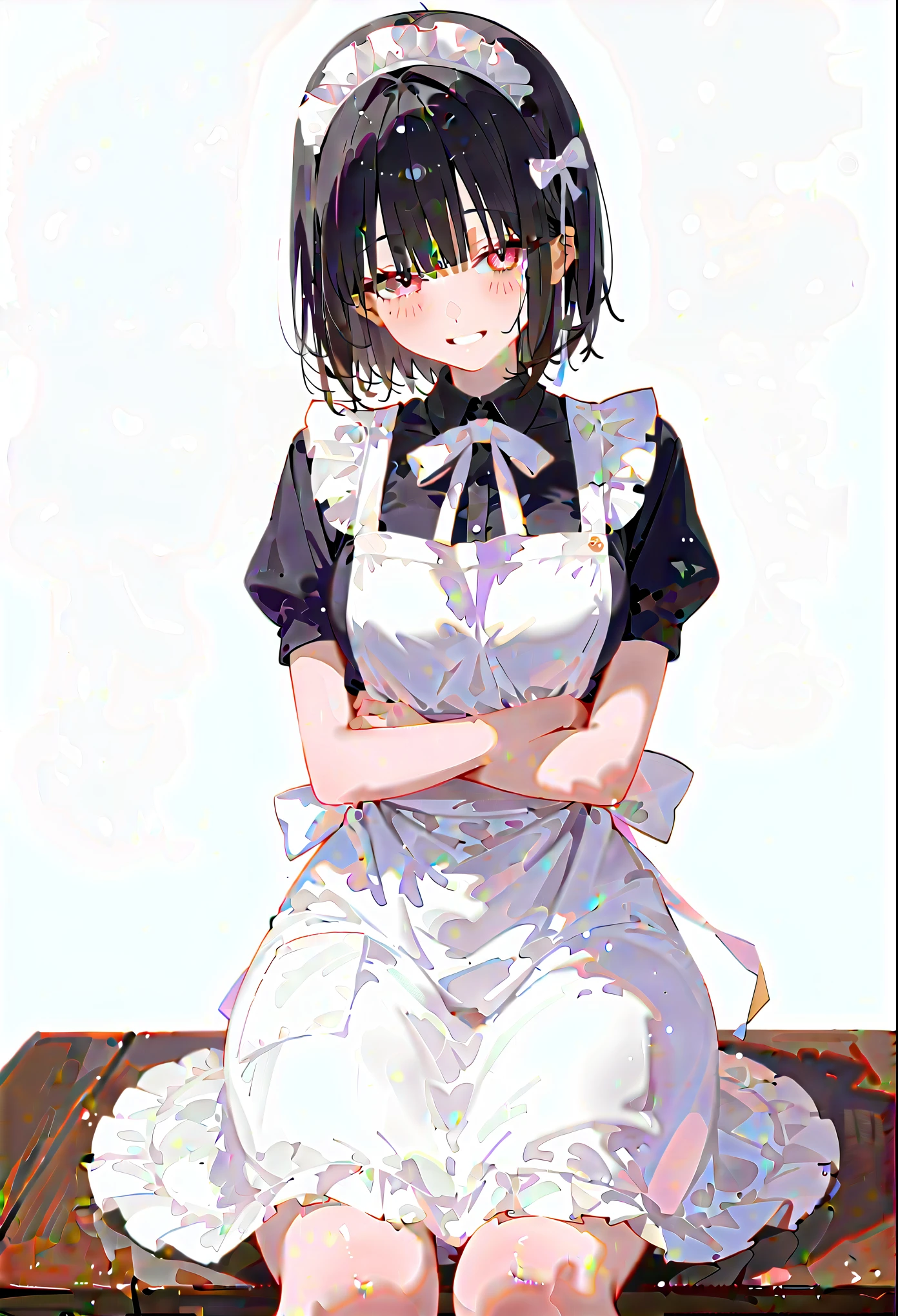  1 girl、solo、 long hair、Blushing、 staring at viewers 、smile、 short hair、 simple background、Black Hair、photoshop (medium)、White background、ribbon、original、Sitting、shoes、apron、sketch、Maid、Maidのヘッドドレス、Cutting seat、ウエストapron、V-shaped arms、King Enma