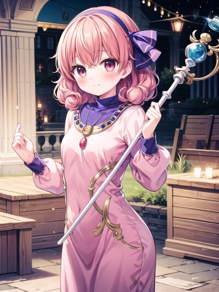 1girl, solo, masterpiece, best quality, perfect hands, smile, blush, closed mouth, genny, hairband, necklace, long dress, holding magic staff, magic, cowboy shot, short hair, curly hair