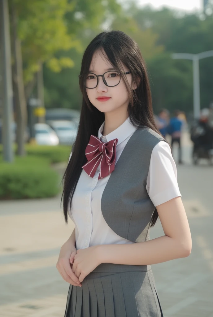 a young woman with glasses wearing school uniform standing tall on the park