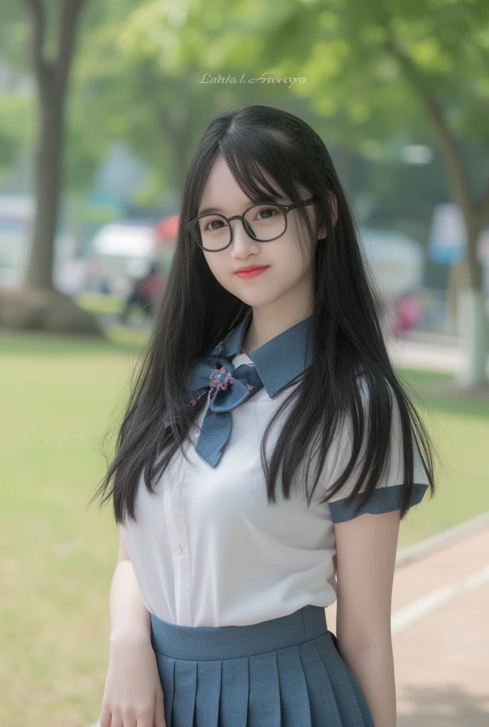 a young woman with glasses wearing school uniform standing tall on the park