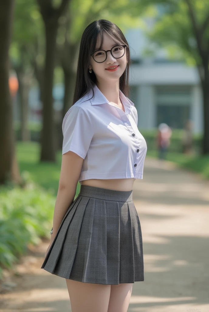 a young woman with glasses wearing school uniform standing tall on the park