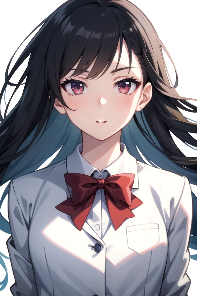 portrait, solo focus, solo, close-up, (white background, plain background, simple background:1.3), looking at viewer, (parted lips:1.2), (sunlight, bright, sunshine
:1.2)
 cote_horikita, 1girl, solo, school uniform, black hair, long hair, braid, bow, ribbon, hair ribbon, looking at viewer, purple eyes, blue bow, bowtie, blazer, shirt, closed mouth, white shirt, blue bowtie, upper body, white ribbon, red eyes, collared shirt, bangs, red blazer, full body, 