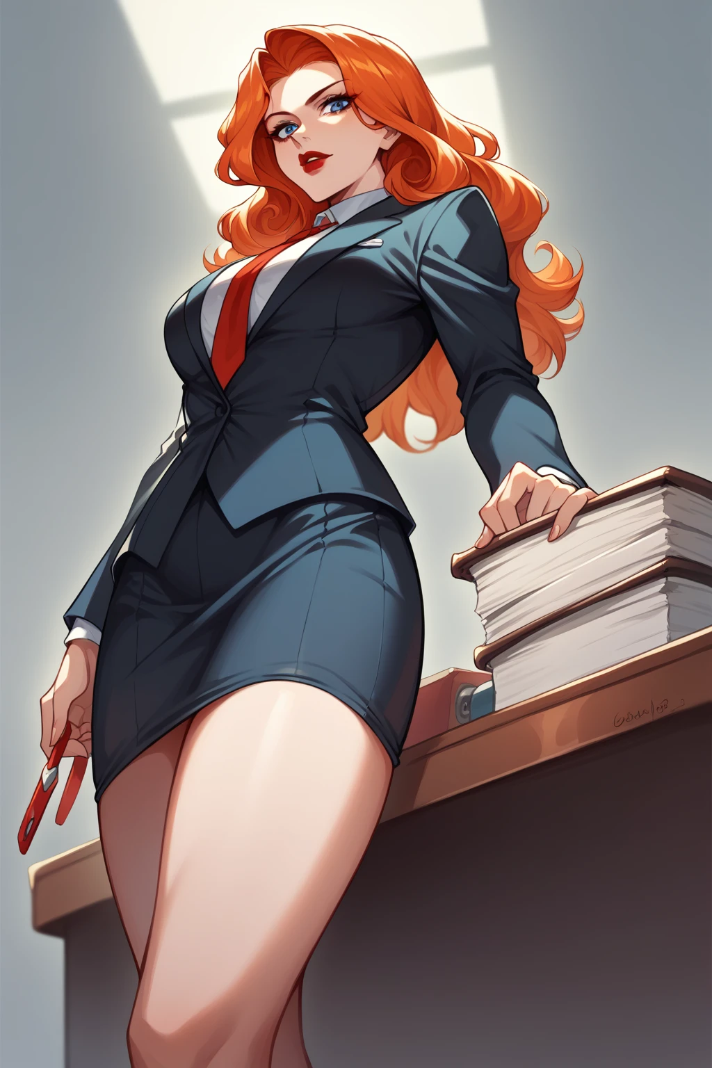 score_9, score_8_below, 1 girl, Alone, long red hair, blue eyes, lipstick, orange hair, cups, formal suit and white miniskirt, Red tie, attractive thighs,  exposed legs , cowboy shot, desk