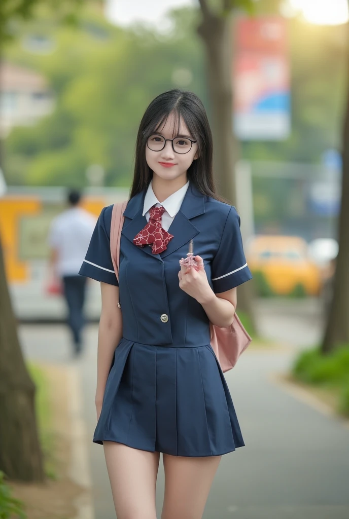 a young woman with glasses wearing school uniform standing tall on the park