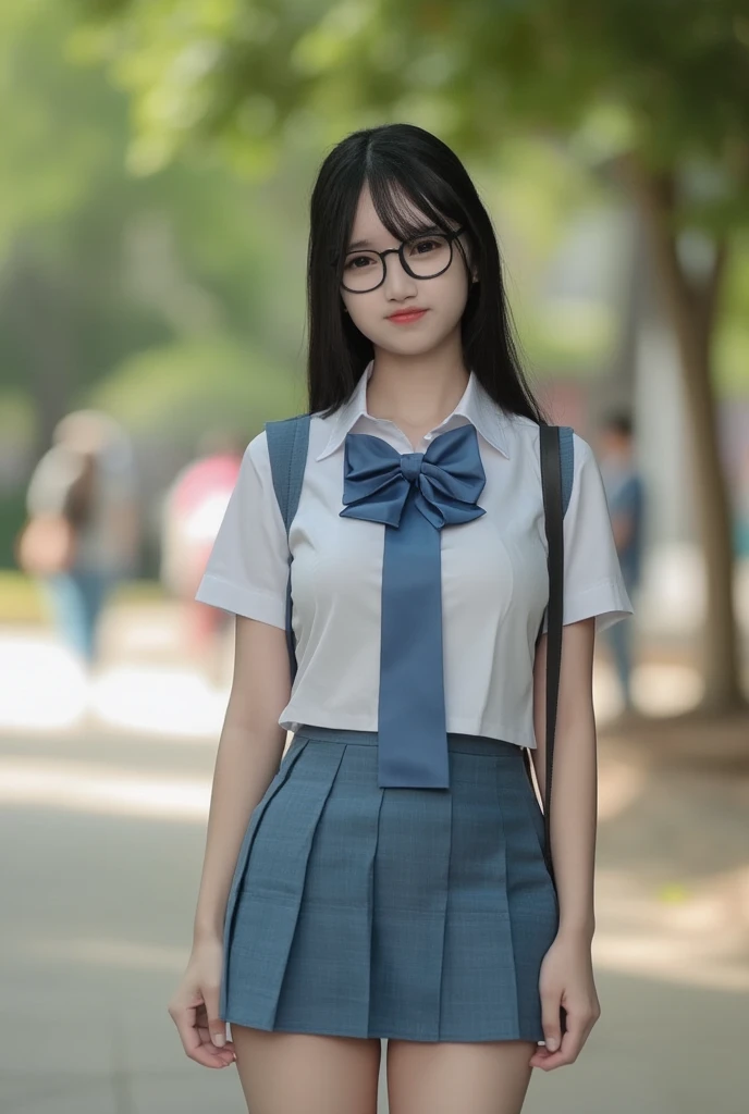 a young woman with glasses wearing school uniform standing tall on the park