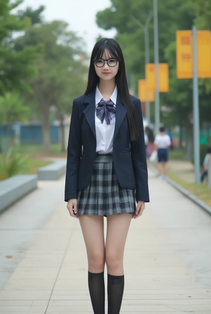 a young woman with glasses wearing school uniform standing tall on the park