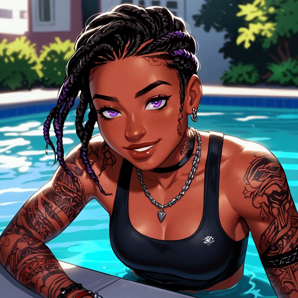 young woman with red skin, black hair styled in a braided bob, African braid, and purple eyes, wearing streetwear bikini. She has visible street tattoos on her muscular , fitness girl,Andy Singer Drawing . she laughs in a swimming pool