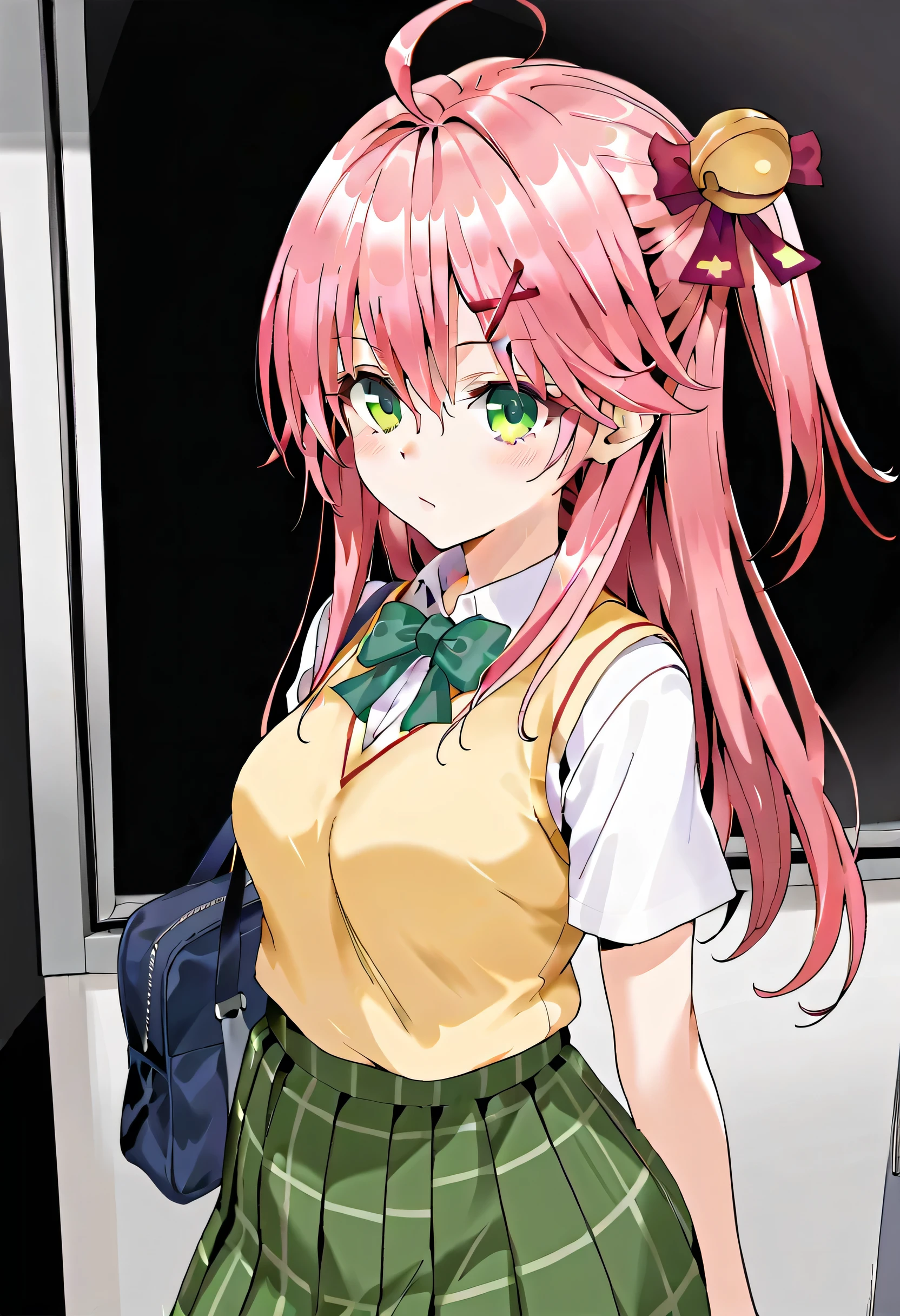 score_9, score_8_up, score_7_up, Miko_nml,pink hair,ahoge,green eyes,hair bell,hair ornament,x hair ornament, hair bell,long hair, one side up,1girl,green skirt, plaid, plaid skirt, sainan high school uniform, school uniform, skirt, shirt, white shirt, sweater vest, yellow sweater vest,