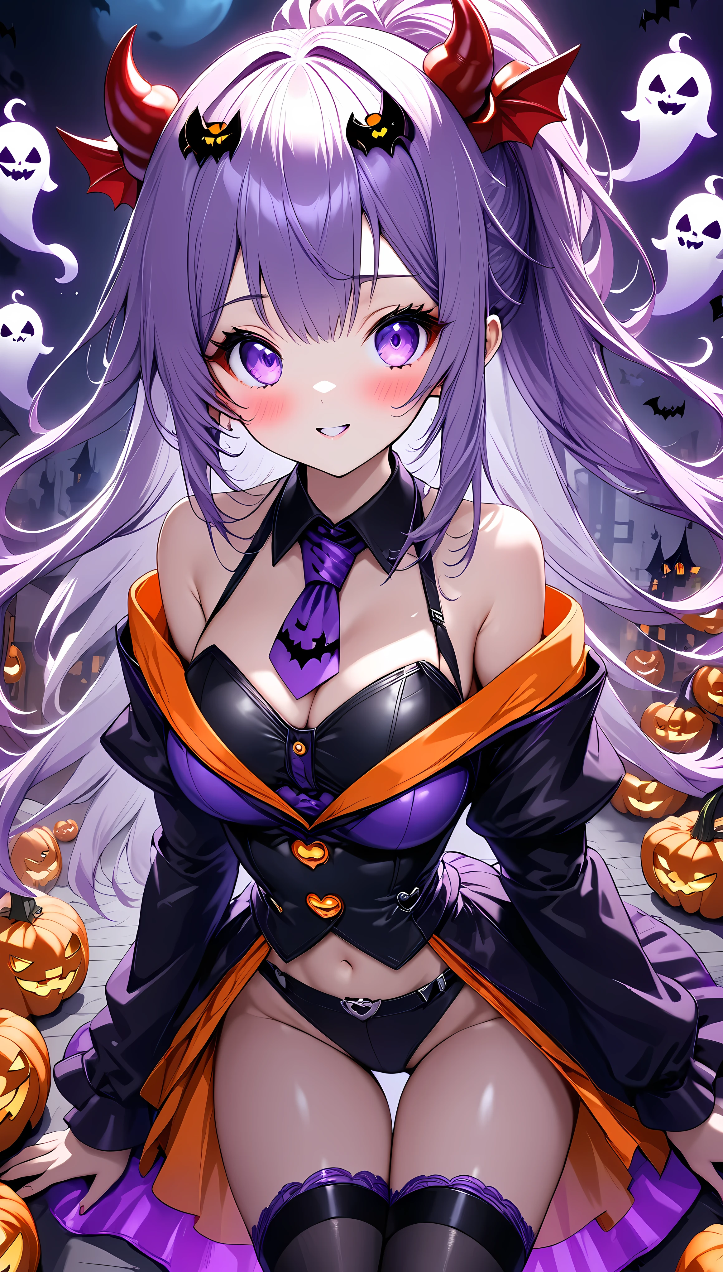 (masterpiece,  best quality :1.2),  1 girl , Alone, \ characters " atlus"\,  Halloween little devil ,  follows a Halloween ghost , Cute sex appeal ,  Jack-o-lantern adds color ,  transparent purple overlay , ROUGH, xill 