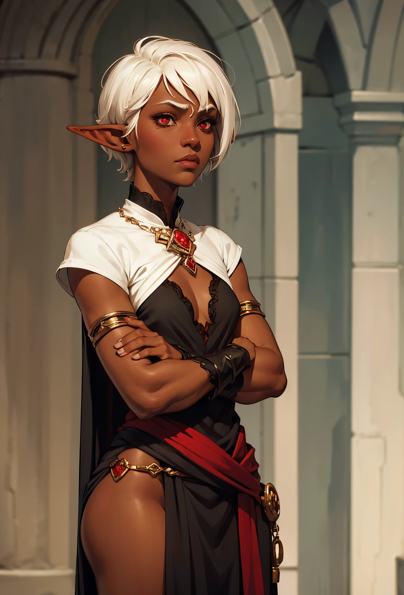 A DARK SKIN elf with melancholic short white hair and red eyes 