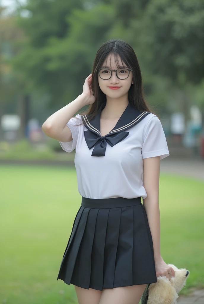 a young woman with glasses wearing school uniform standing tall on the park