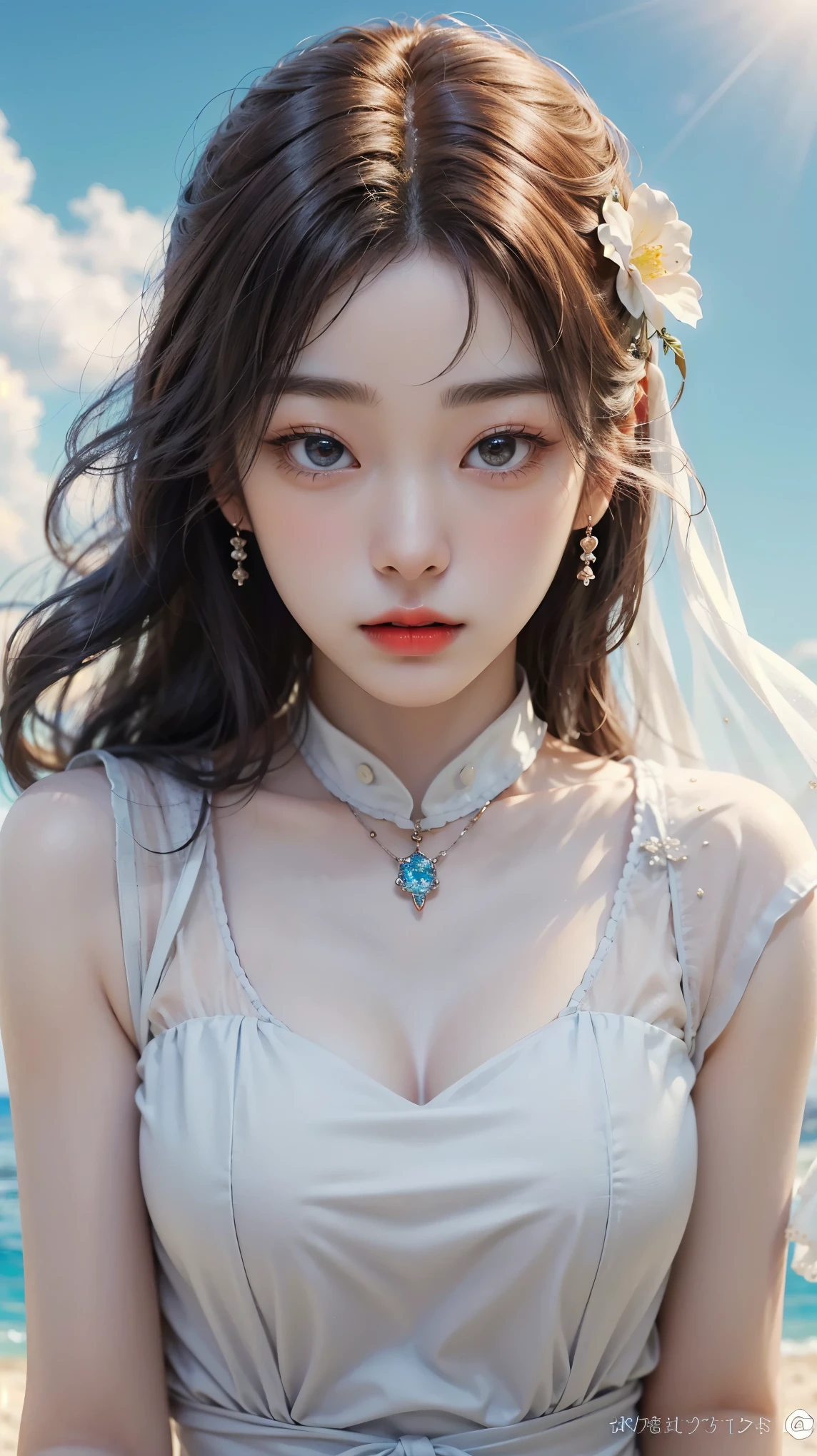 (masterpiece), (top quality), (highly detailed), (illustration), (1girl), looking at the viewer, (interview), beautiful detailed eyes, delicate and beautiful face, floating, (high saturation), (shining), uniform, blue sky, bright and beautiful face, the skin is young, shining, fair and shining, the best appearance, very beautiful, big eyes shining with transparent sky blue light, beautiful and wonderful beautiful girl, white translucent dress