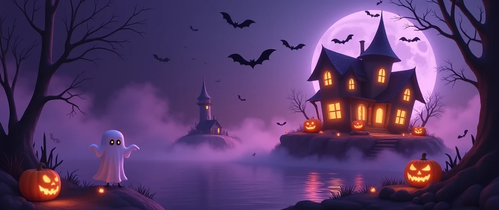 A haunted house on a pumpkin-shaped island floating in a purple mist. The house has eyes and a mouth that move, and its windows are filled with ghostly faces. Bats with human faces fly around, and spiders with jeweled bodies spin webs made of candy，cute ghosts