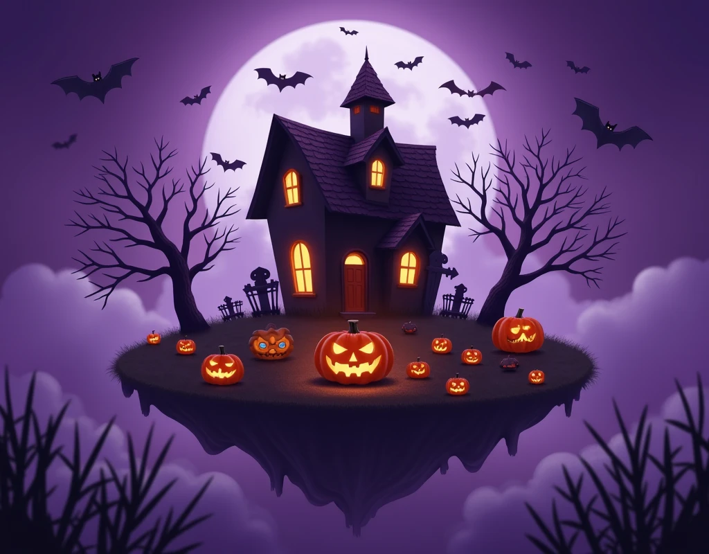 A haunted house on a pumpkin-shaped island floating in a purple mist. The house has eyes and a mouth that move, and its windows are filled with ghostly faces. Bats with human faces fly around, and spiders with jeweled bodies spin webs made of candy，text Halloween