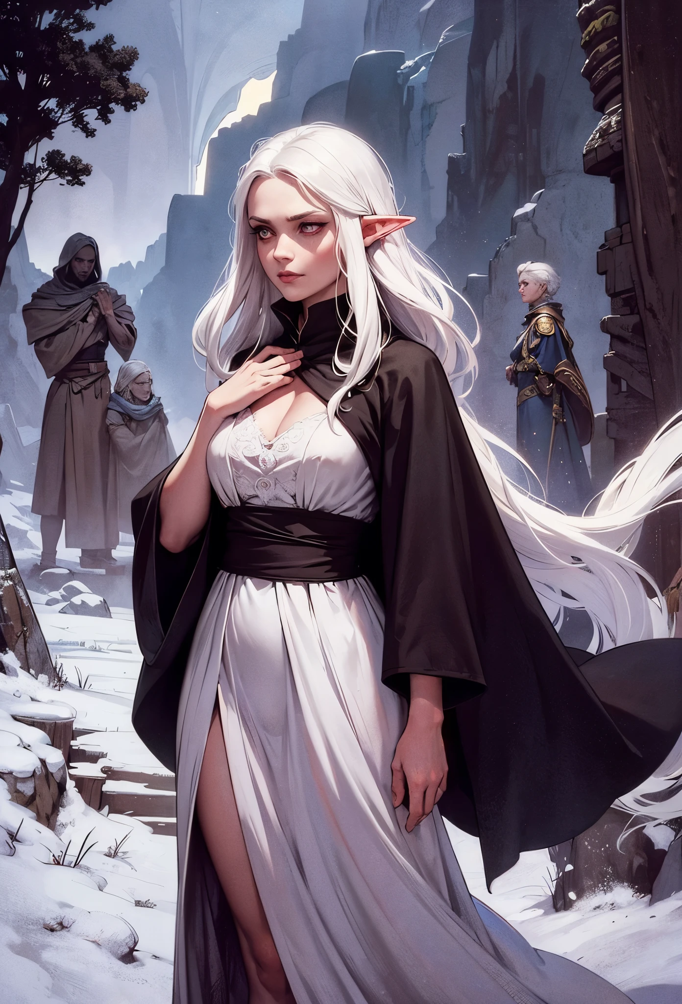  There was a disturbing stillness in the elf .  Her white hair fell untidy over her shoulders ,  in contrast to the clothes dark ones she wore — the robes of an adventurer ,  marked by the weather and the roads she traveled .  But in her red eyes Plus the brightness of the challenge , just a void ,  as if everything she had witnessed over the centuries had drained her essence.  The weight of her travels was not on her body ,  but in her soul ,  as if every step she took was toward a destination that never changed .  Life for her had become a dull repetition of days ,  where purpose and meaning had been diluted . Your eyes,  deep and empty ,  they looked at the horizon like someone who had given up seeking answers ,  accepting that maybe , In the end,  there was none .
