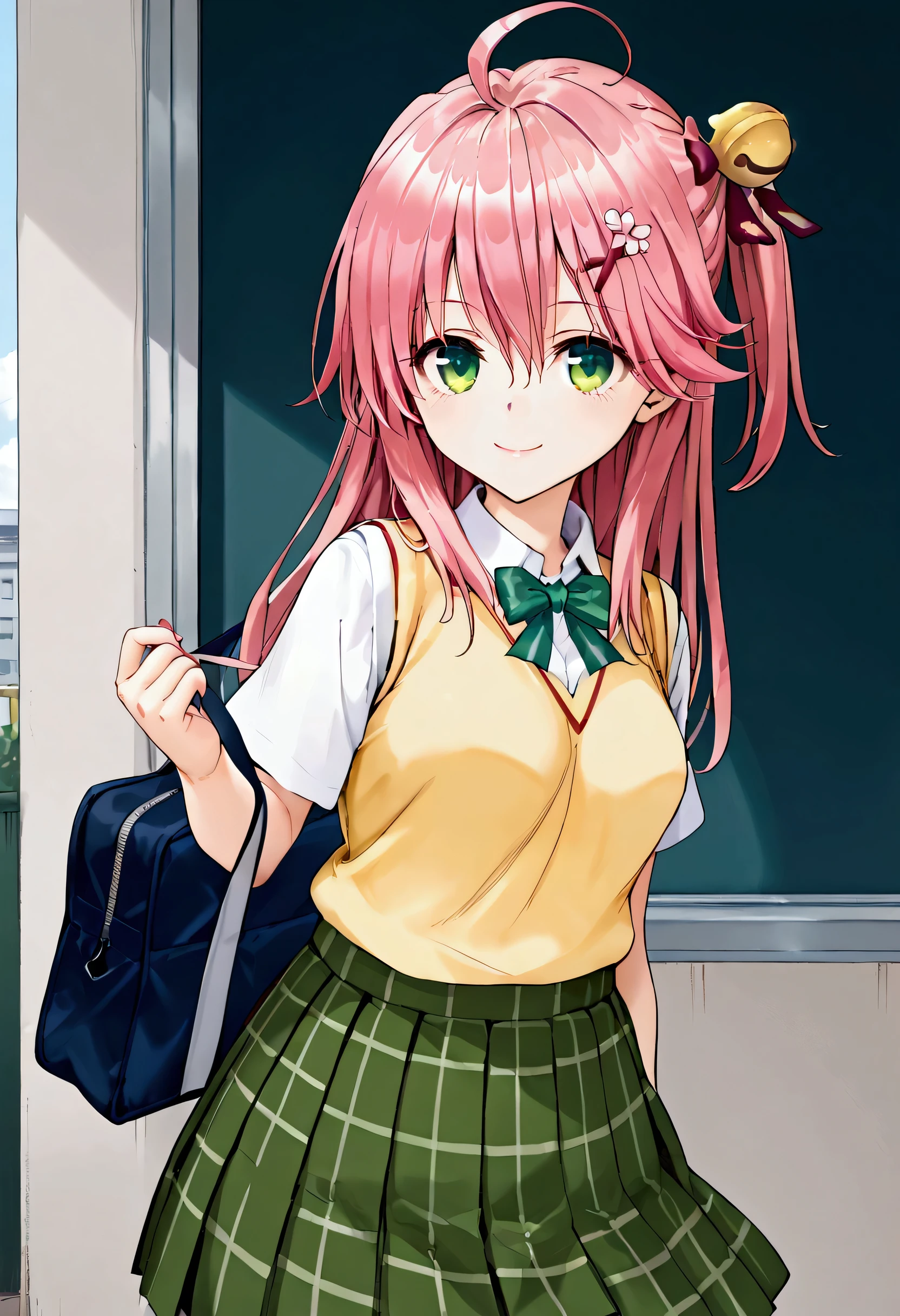 score_9, score_8_up, score_7_up, Miko_nml,pink hair,ahoge,green eyes,hair bell,hair ornament,x hair ornament, hair bell,long hair, one side up,1girl,green skirt, plaid, plaid skirt, sainan high school uniform, school uniform, skirt, shirt, white shirt, sweater vest, yellow sweater vest,smile