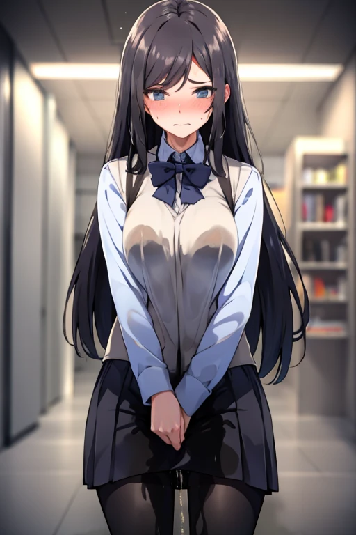 A woman with very long black hair and (very long bangs:1.5), wearing a business suit and pencil skirt with pantyhose, standing. The artwork is inspired by manga and incorporates a doujin style. The woman appears to be (wetting herself:1.5), which causes her to feel embarrassed and humiliated, resulting in a blush on her face. In addition, there is an air of anger in her expression. The lighting in the scene is moody, with a spotlight highlighting the woman's figure. She is crossing her arms, (arms crossed:1.5), fully showcasing her pencil skirt., large breasts