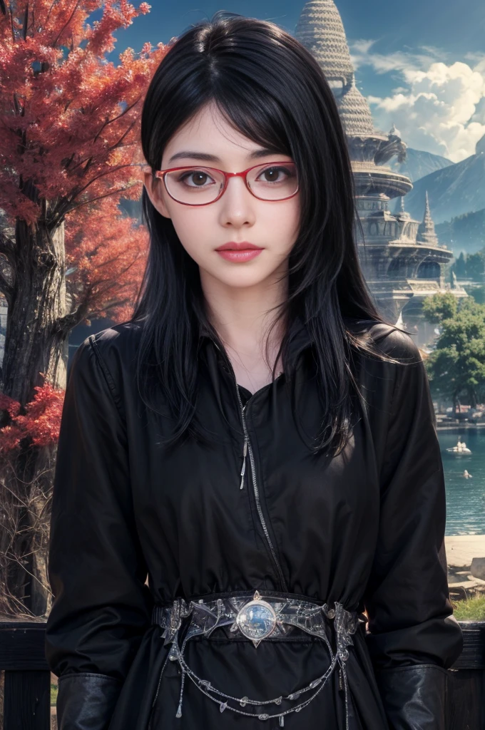 masterpiece, best quality, (realistic,photo-realistic:1.4), (RAW photo:1.2), extremely detailed CG unity 8k wallpaper, delicate and beautiful, amazing,finely detail, official art, absurdres, incredibly absurdres, huge filesize, ultra-detailed,extremely detailed eyes and face,light on face,(little smile),(wearing red framed glasses:1.4),sarada,(black hair:1.4),(long hair:1.4),(wearing knight coat:1.4),(nature background:1.4)