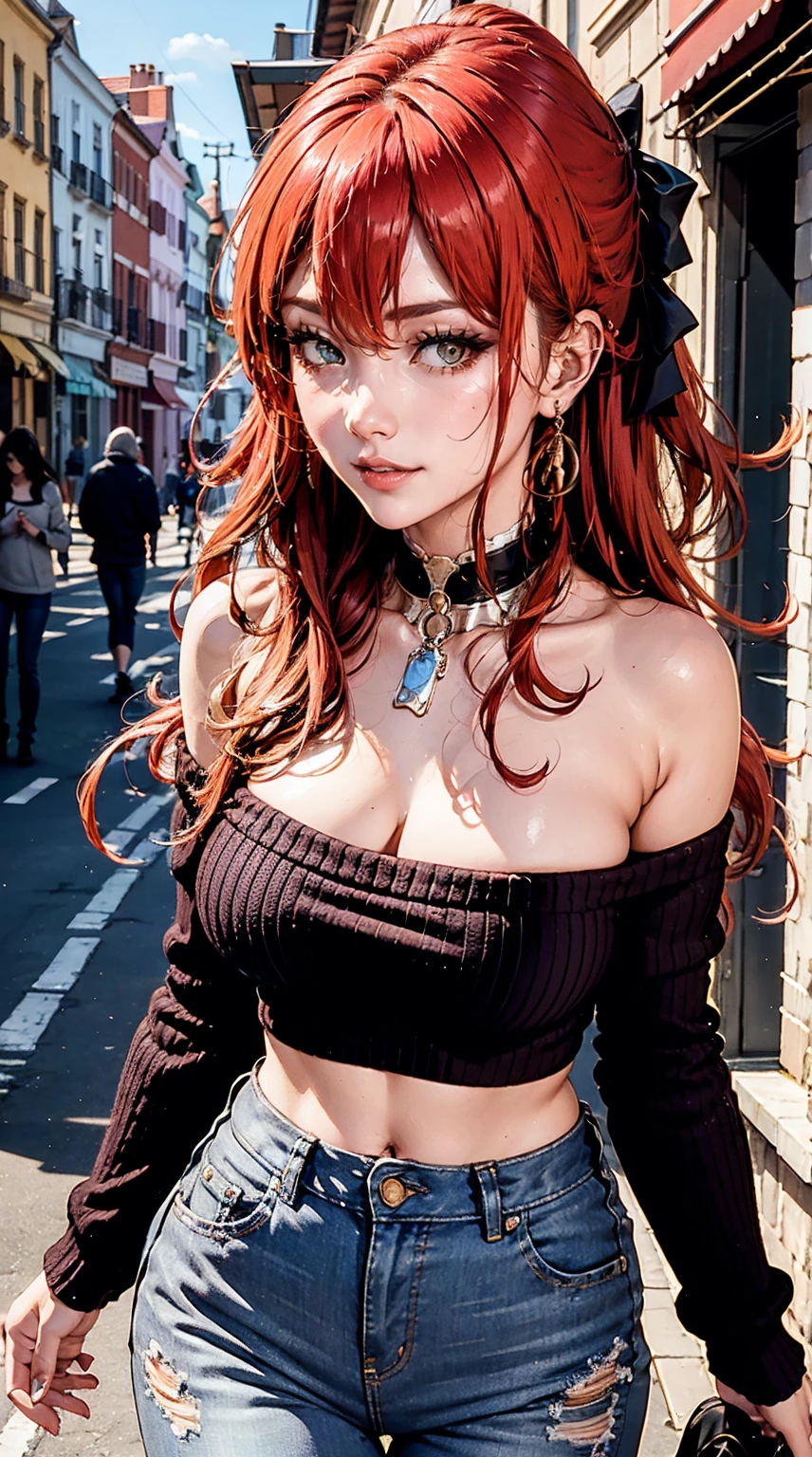 Beautiful woman is shown to have a sexy figure, she is wearing a nsfw off shoulder crop sweater and jeans, choker, happy look, beautiful eyes, girl walking down a street ,sexy session, sexy pose, cowboy shot, superior quality, many details, realistic