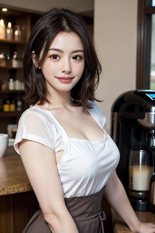 Masterpiece, 8k, (Real, Realistic Photograph), best quality, high resolution, perfect details, ((upper body)), Beautiful face, 1 girl, alone, short hair, smooth, (curling hair), smile, look at viewer, Realistic, A half-Japanese woman who looks like Anne Hathaway stands in front of a coffee maker in a coffee shop., Make coffee, White waist apron no bra, at the counter, White shirt and gray skirt, (cowboy shoot:1.2),largebreast,