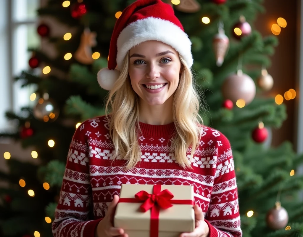 SMILING Swedish Woman in CHRISTMAS sweater and santa hat with present in hands in front of the Christmas tree.