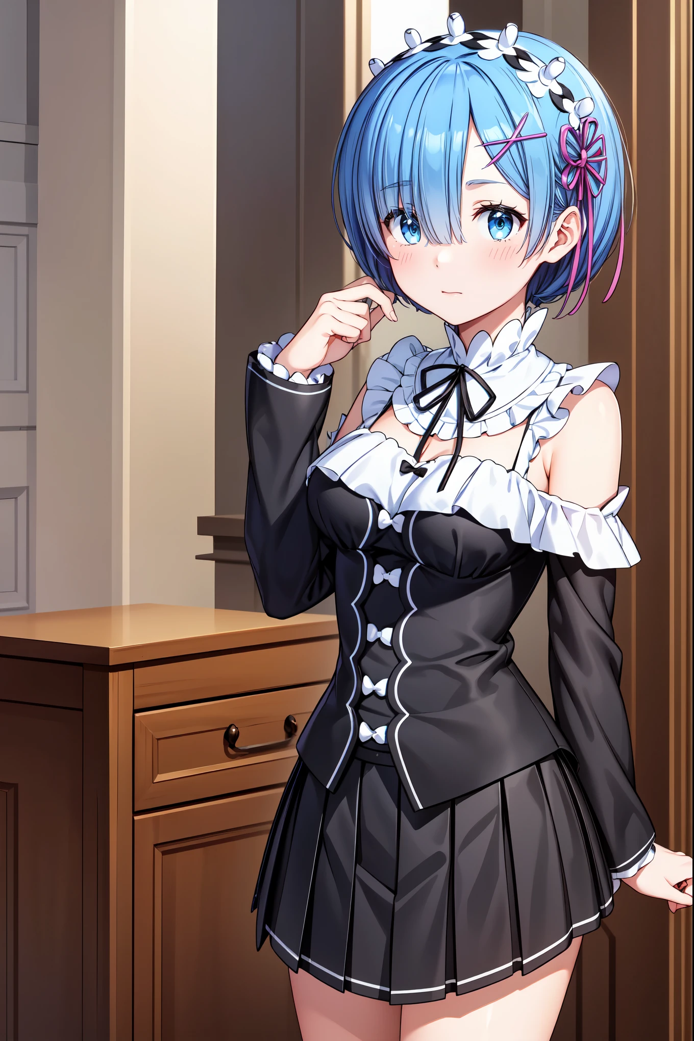 (masterpiece, best quality:1.2), (8k, extremely detailed CG), rem, rem_re_zero, 1girl, blue eyes, blue hair, short hair, hair over one eye, (off-shoulder shirt, pleated skirt), dynamic pose