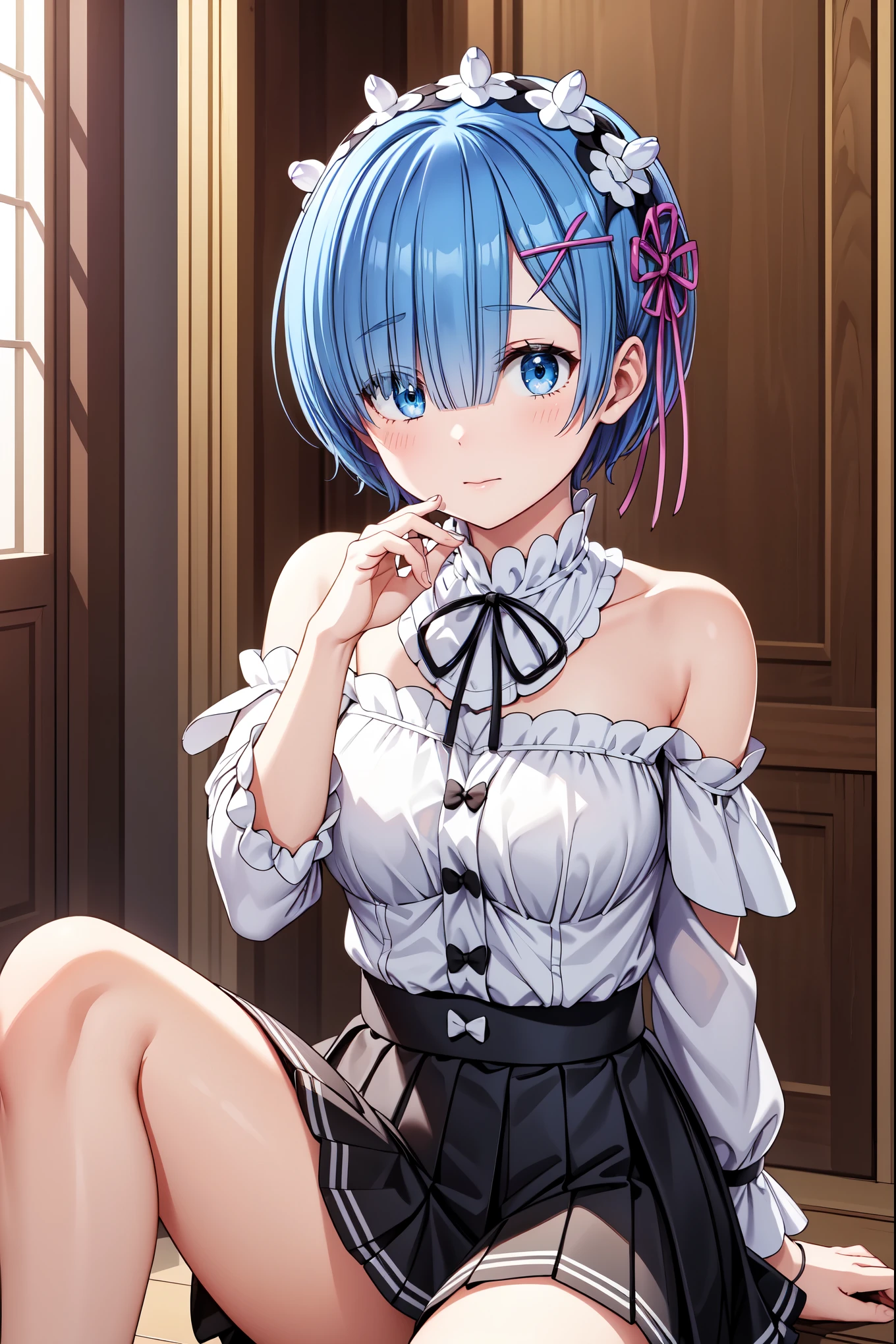 (masterpiece, best quality:1.2), (8k, extremely detailed CG), rem, rem_re_zero, 1girl, blue eyes, blue hair, short hair, hair over one eye, (off-shoulder shirt, pleated skirt), dynamic pose